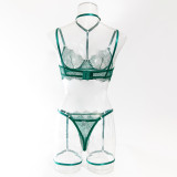 Women hollow lace eyelash halter neck lingerie set with detachable leg loops
