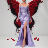 Women elegant herringbone strapless pleated slit dress