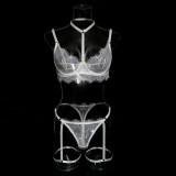 Women hollow lace eyelash halter neck lingerie set with detachable leg loops