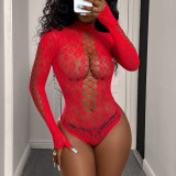 Women Green Jacquard Cutout Bikini Long-Sleeved Mesh One-Piece Sexy Lingerie