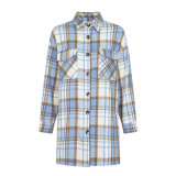 Women Turndown Collar Button Plaid Pocket Long-Sleeved Shirt