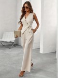Solid Color V-Neck Sleeveless Button-Up Vest High Waist Career  Women's Pants Suit
