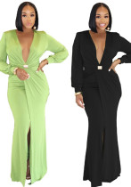 Fashion Deep V Long Sleeve Slim Waist Sexy Slit Solid Color Autumn Winter Women's Long Dres Fashion Deep V Long Sleeve Slim Waist Sexy Slit Solid Color Autumn Winter Women's Long Dres