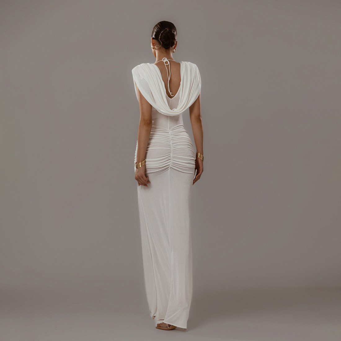 Autumn Women's Solid Color Chic Elegant Slim Waist Pleated Cowl Neck Slim Fit Long Dress
