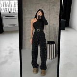 Women beaded black washed stretchy denim pant