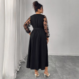 Plus-Size Fall/Winter V-Neck Lace Long-Sleeve Tie Dress