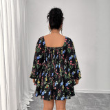 Women Printed Cascading Ruffles Square Neck Backless Sexy Puff Sleeve Dress