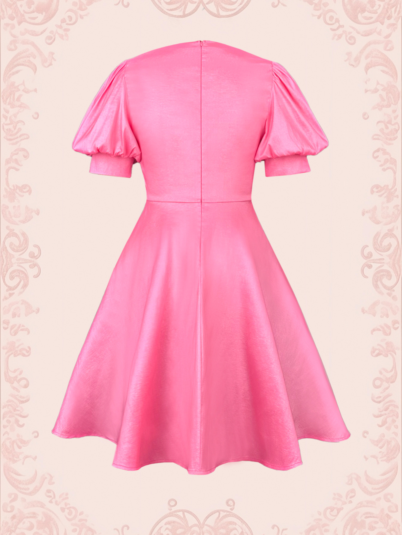 Women Contrast Heart Print Bow Puff Sleeve Party Dinner Dress