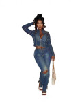 Women's Washed Western Stretch Casual Denim Two Piece Pants Set