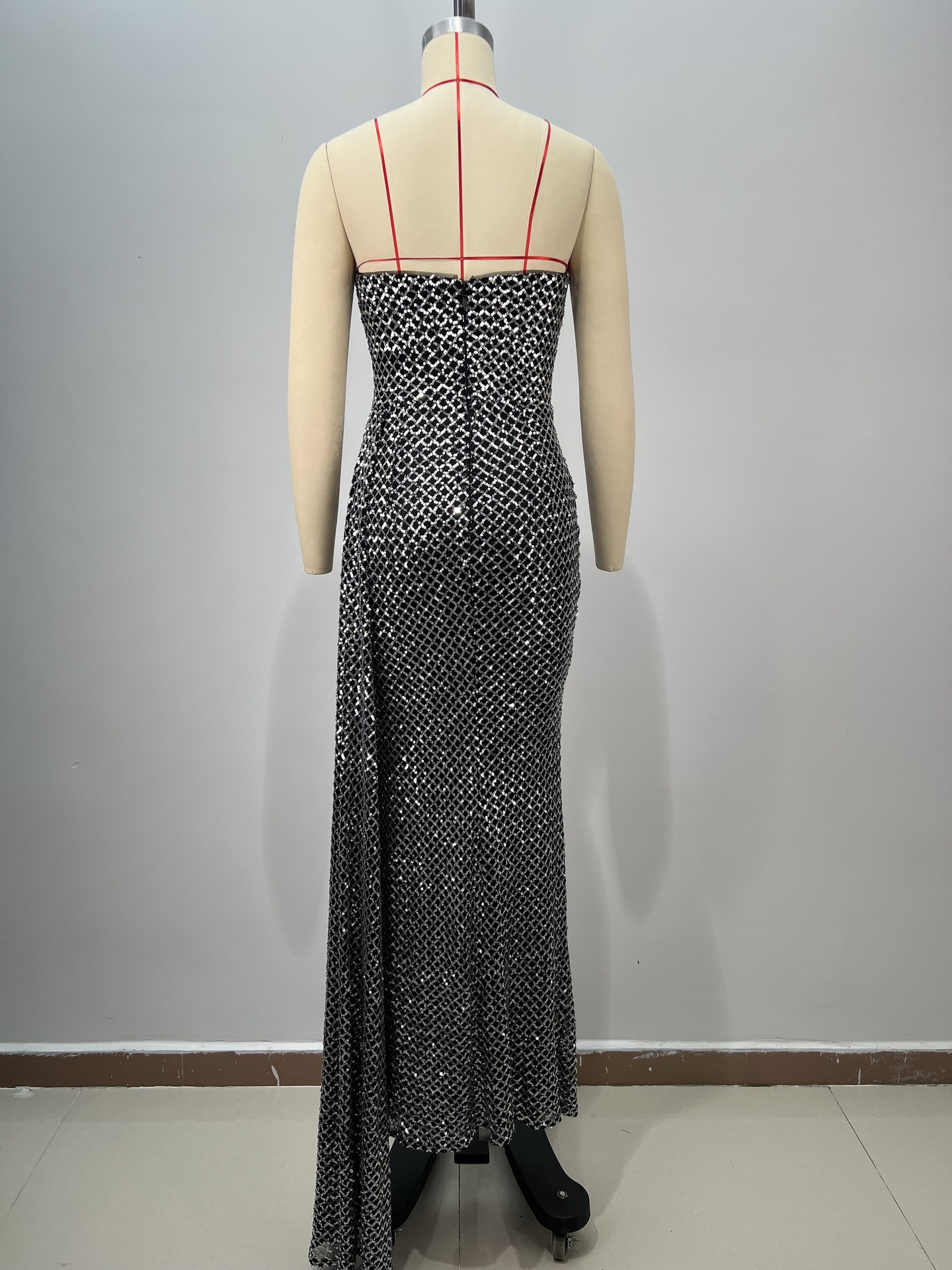 Women Black Bandage Strapless Sequined Fishtail Evening Dress with Rhinestones