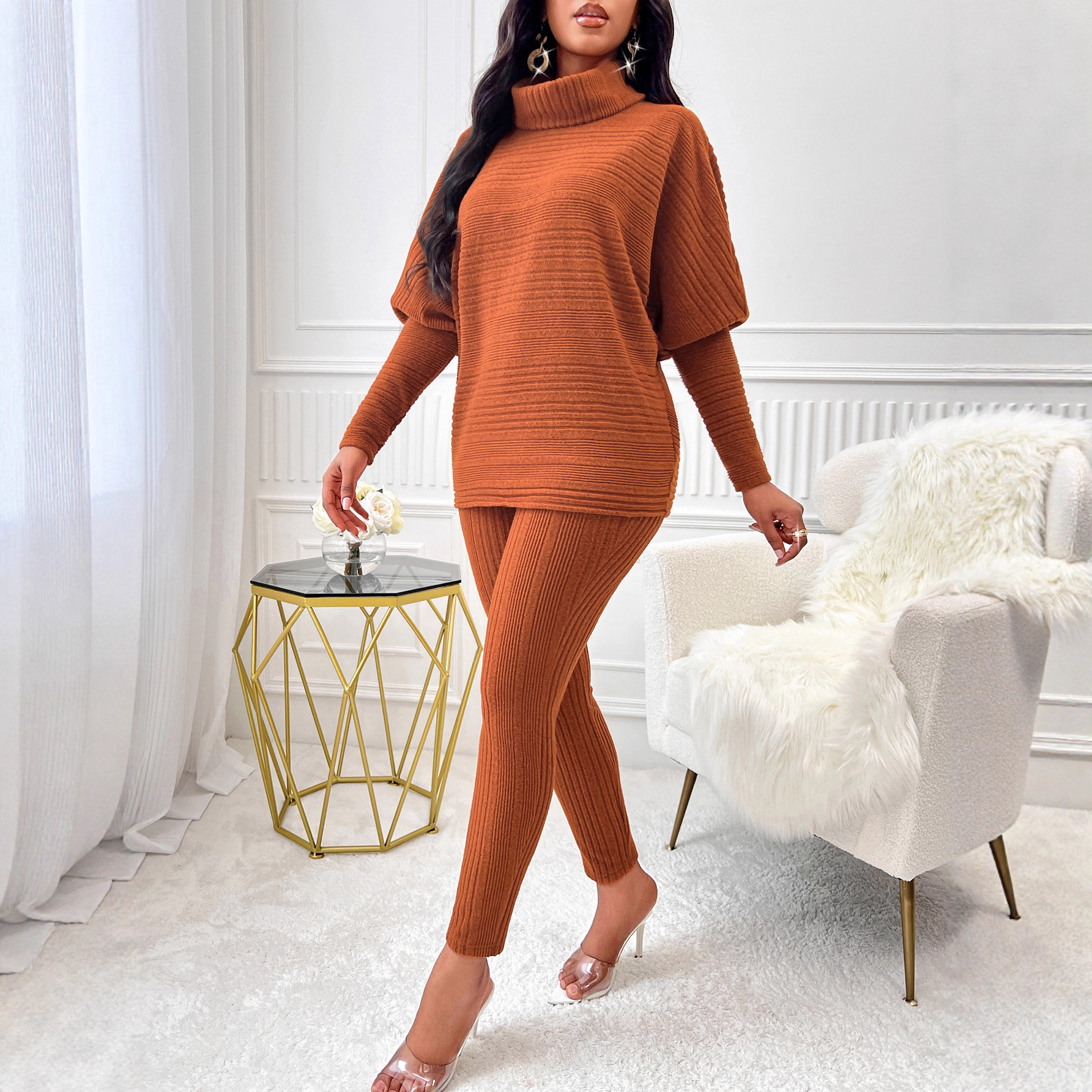Winter Fashion Sexy Knitting Women's Solid Color High Neck Casual Loose Long Sleeve Women's Two Piece Pants Set