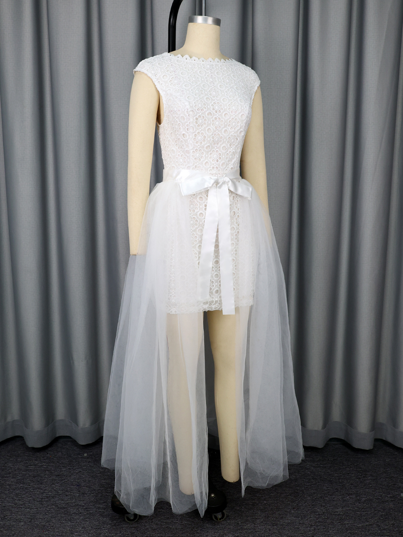 Women White Lacemesh Lace-Up Sleeveless Sexy Backless Party Dress