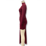 Women's Autumn Fashion Slim Fit Round Neck Long Sleeve Shirred Bodycon Irregular Ribbon Dress