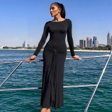 Women autumn/winter elegant solid long-sleeved metal ring lace-up dress Dresses