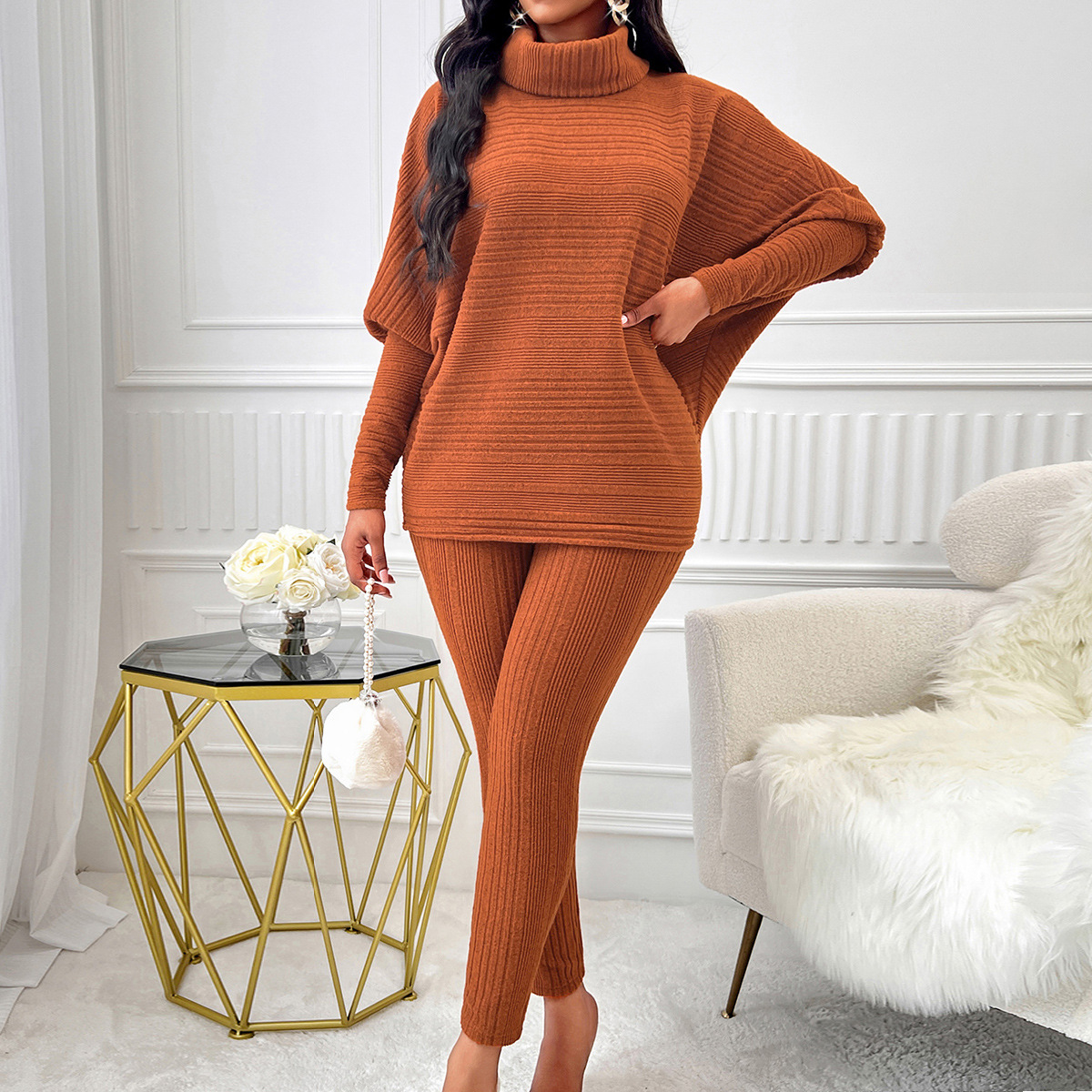 Winter Fashion Sexy Knitting Women's Solid Color High Neck Casual Loose Long Sleeve Women's Two Piece Pants Set