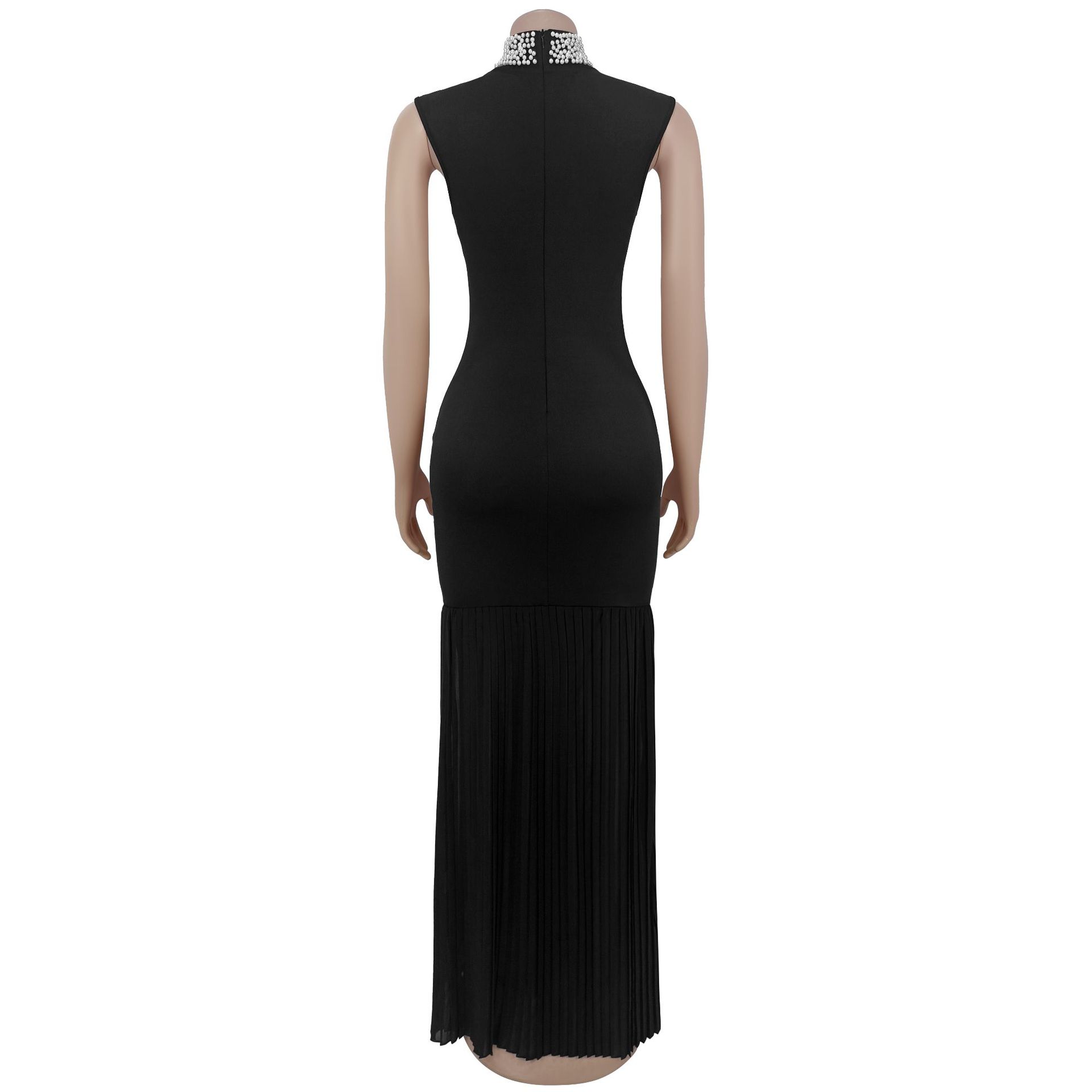 Fashion Women's Chic Pearl Patchwork Sleeveless Pleated Long Dress