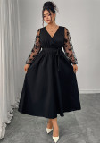 Plus-Size Fall/Winter V-Neck Lace Long-Sleeve Tie Dress