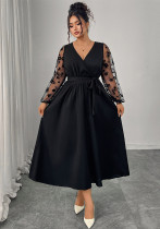 Plus-Size Fall/Winter V-Neck Lace Long-Sleeve Tie Dress