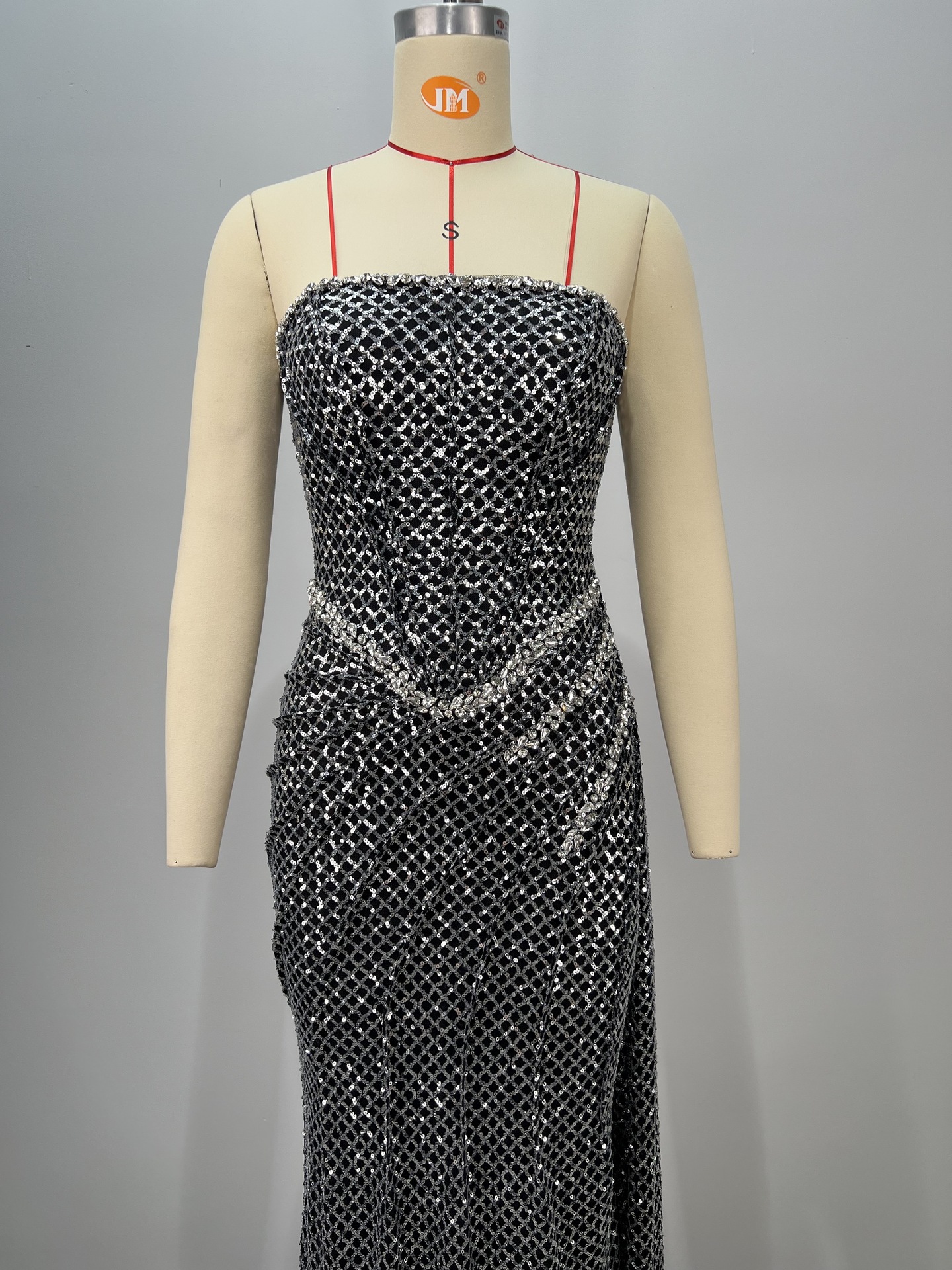 Women Black Bandage Strapless Sequined Fishtail Evening Dress with Rhinestones