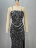 Women Black Bandage Strapless Sequined Fishtail Evening Dress with Rhinestones