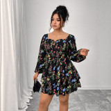 Women Printed Cascading Ruffles Square Neck Backless Sexy Puff Sleeve Dress