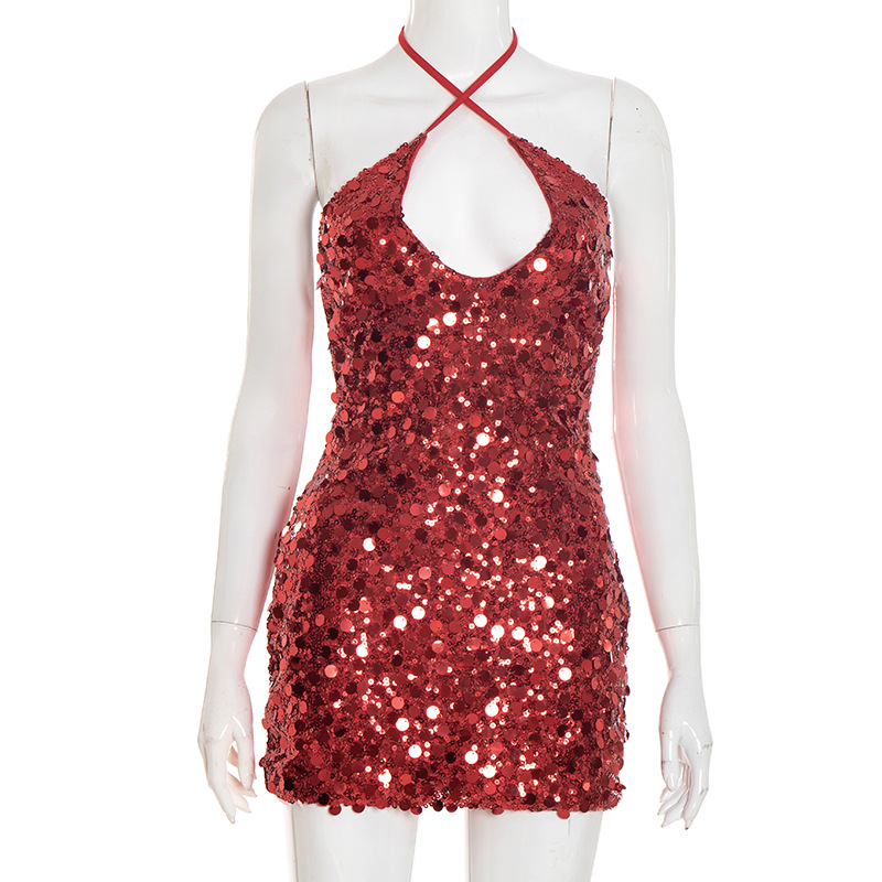 Women Summer Sexy Sequin Halter Neck Backless Party Bodycon Dress