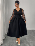 Plus-Size Fall/Winter V-Neck Lace Long-Sleeve Tie Dress