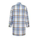 Women Turndown Collar Button Plaid Pocket Long-Sleeved Shirt