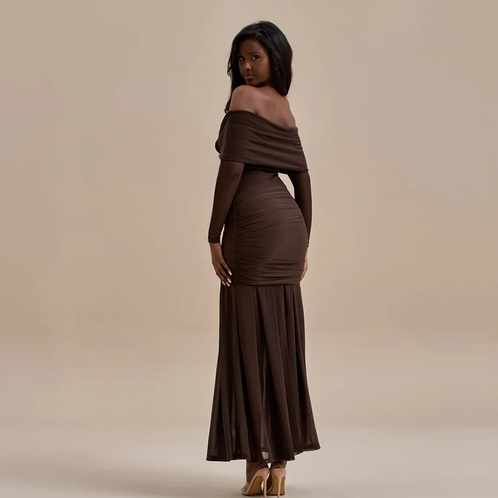 Women autumn/winter sexy floral off-shoulder pleated bodycon dress