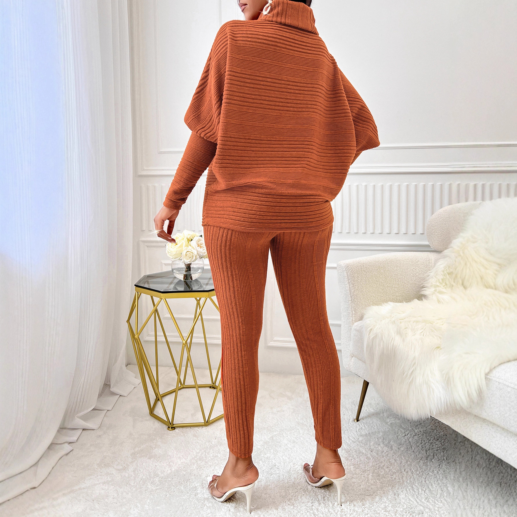 Winter Fashion Sexy Knitting Women's Solid Color High Neck Casual Loose Long Sleeve Women's Two Piece Pants Set