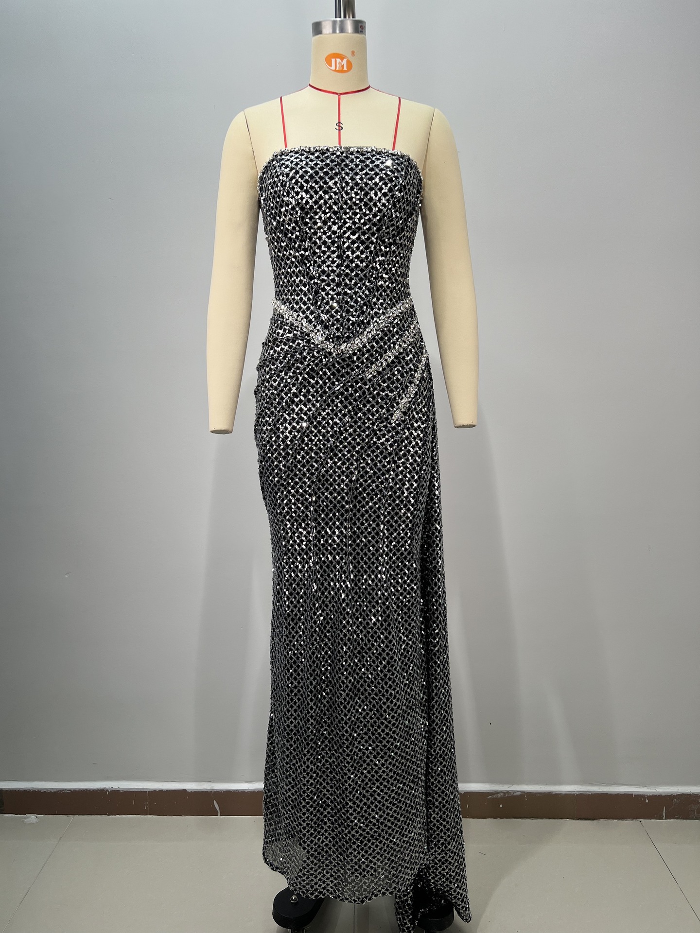 Women Black Bandage Strapless Sequined Fishtail Evening Dress with Rhinestones