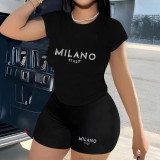 Women Short-Sleeved Letter Print Sexy Tank Shorts Two-Piece Set