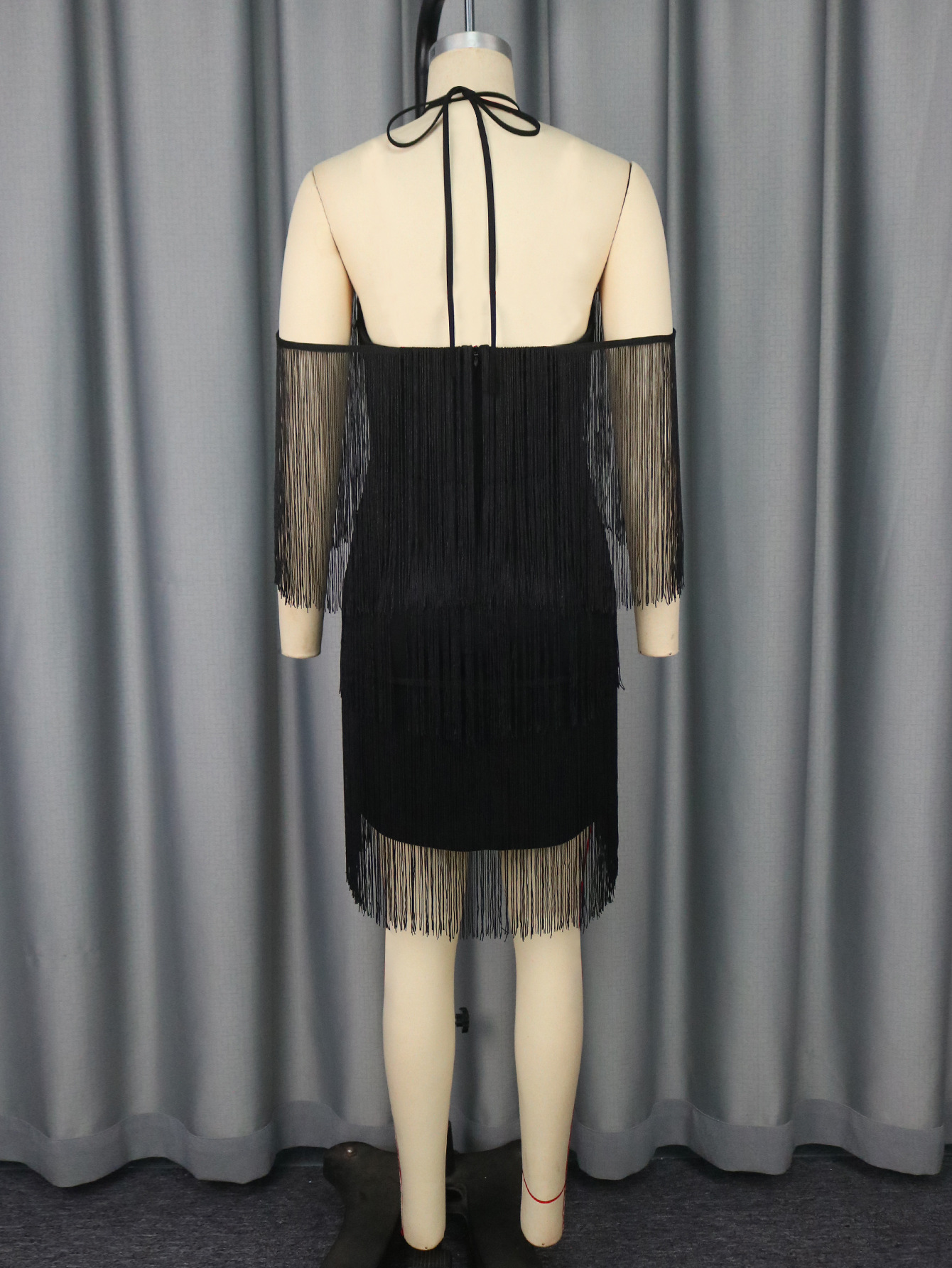 Women Sexy Black Bodycon Dress with Off-Shoulder Tassels