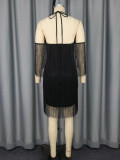 Women Sexy Black Bodycon Dress with Off-Shoulder Tassels