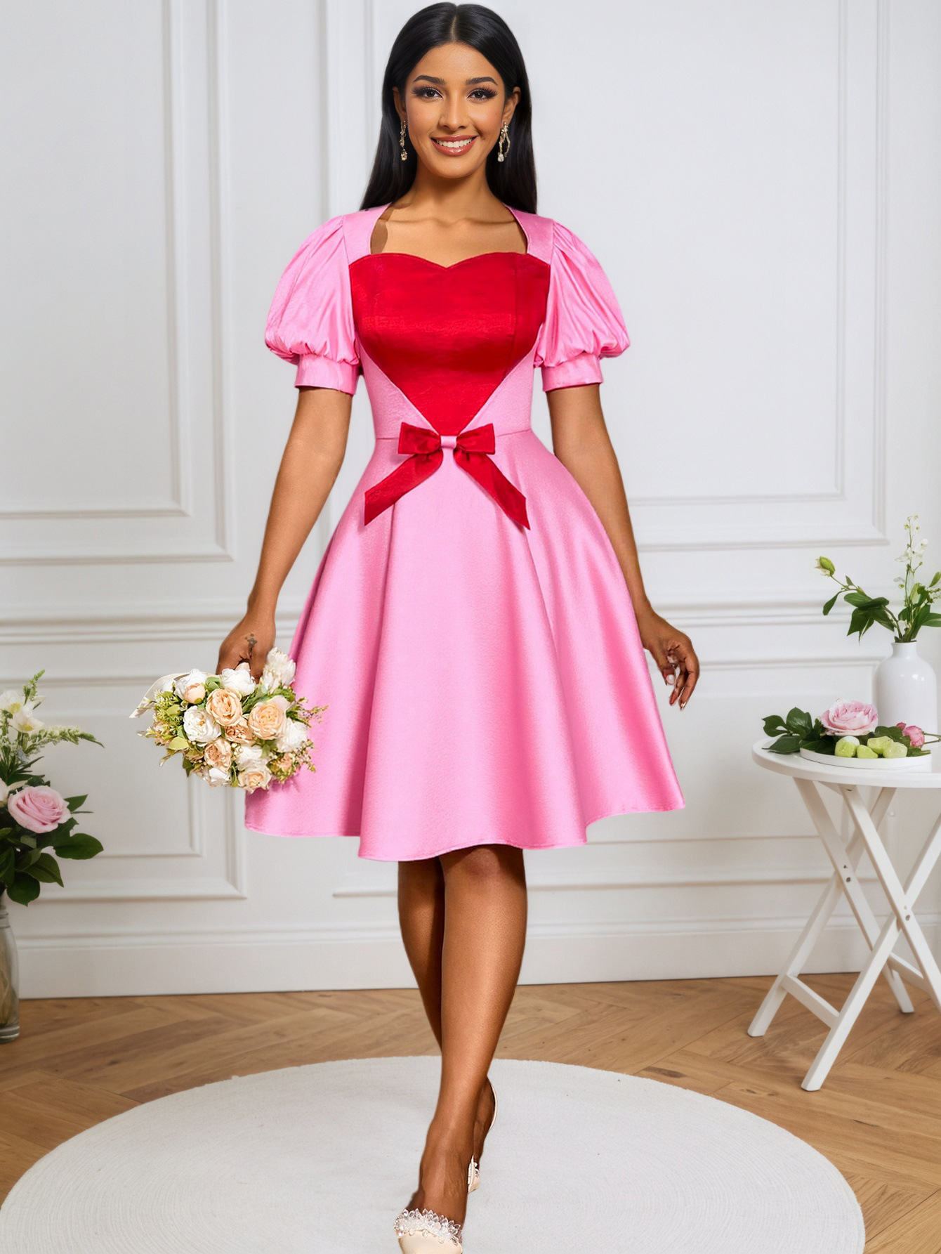 Women Contrast Heart Print Bow Puff Sleeve Party Dinner Dress