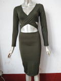 Spring Summer Style Women's Stretch Sexy Hollow V-neck Long Sleeve Nightclub Party Dress