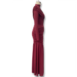 Women's Autumn Fashion Slim Fit Round Neck Long Sleeve Shirred Bodycon Irregular Ribbon Dress