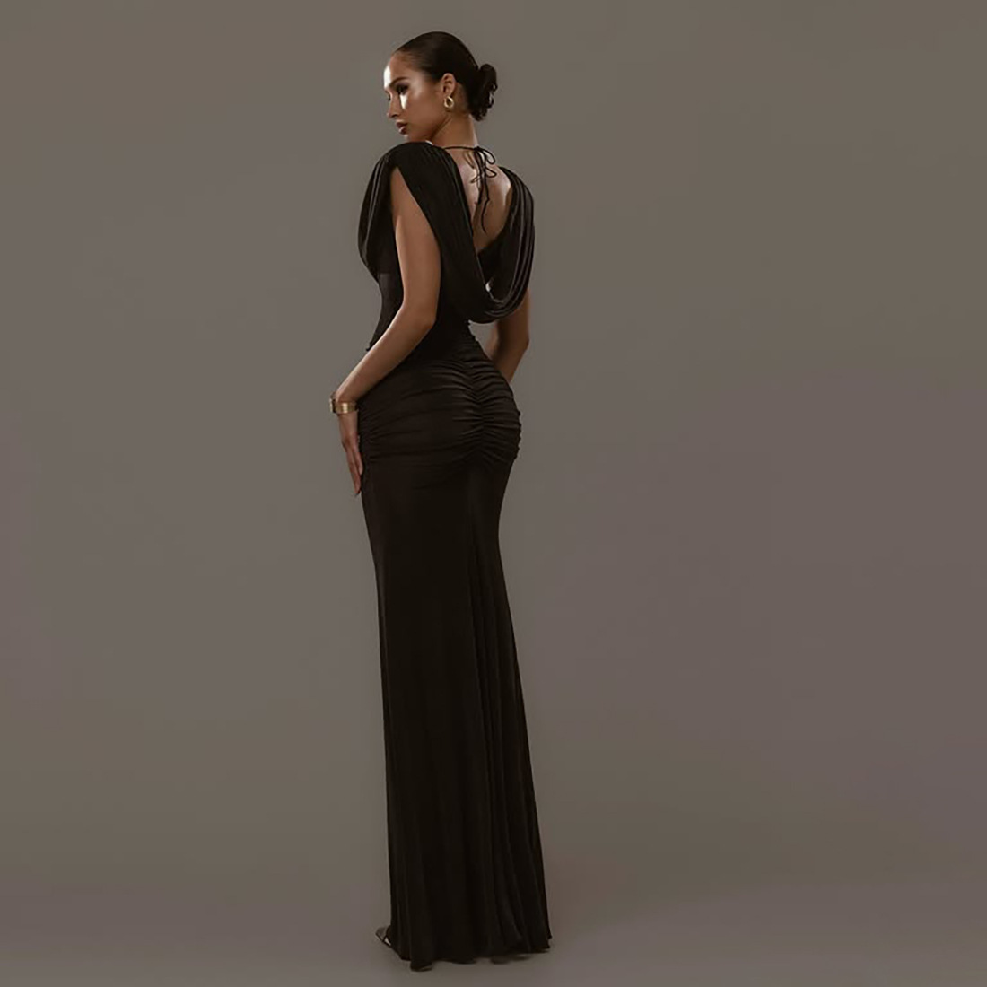 Autumn Women's Solid Color Chic Elegant Slim Waist Pleated Cowl Neck Slim Fit Long Dress