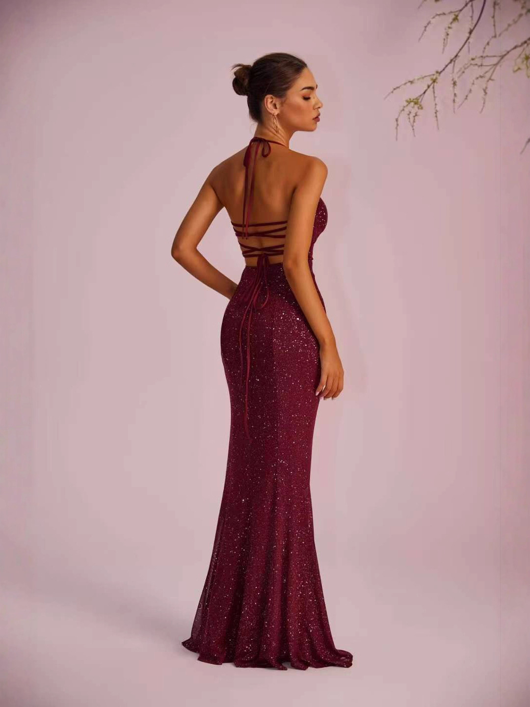 Women elegant solid backless slit maxi dress