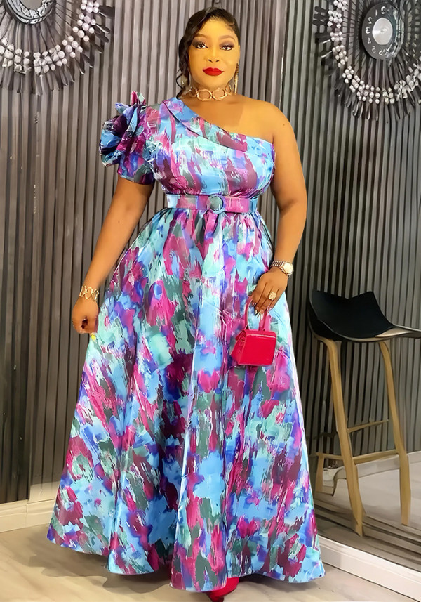 African Sexy Slash Shoulder Women's Plus Size Print Dress