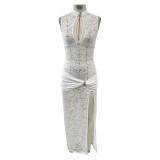 Sexy Fashion Lace Hollow High-Slit Slim Sleeveless Long Dress