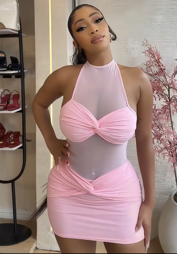 Women Fall Solid Sleeveless Halter Neck Sexy See-Through Mesh Patchwork Bodycon Dress