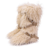 Leopard Print High Top Lace-Up Furry Boots Women Fleece-Lined Studded Thick Sole Snow Boots