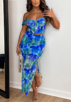 Women Printed Cropped Top and Skirt Two-Piece Set