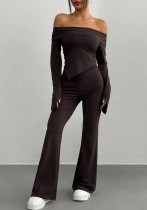 Women Solid Knitting Casual Long-Sleeved Top and Pant Two-Piece Set