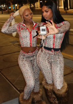 Women Fall/Winter Stand Collar Zippered Patchwork Leopard Print Top and Pants
