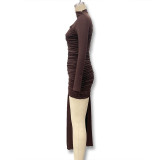 Women's Autumn Fashion Slim Fit Round Neck Long Sleeve Shirred Bodycon Irregular Ribbon Dress