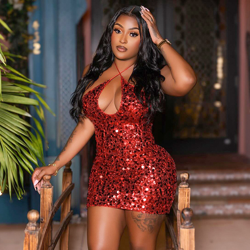 Women Summer Sexy Sequin Halter Neck Backless Party Bodycon Dress