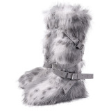 Leopard Print High Top Lace-Up Furry Boots Women Fleece-Lined Studded Thick Sole Snow Boots