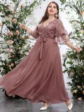 Plus Size Women's V-Neck Mesh Embroidered Patchwork Solid Color Chiffon Waist Lace-Up Elegant Dress